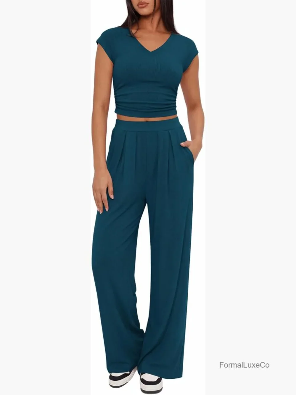 Cap Sleeve Ruched Top Wide Leg Pant Set Lounge Matching Set
